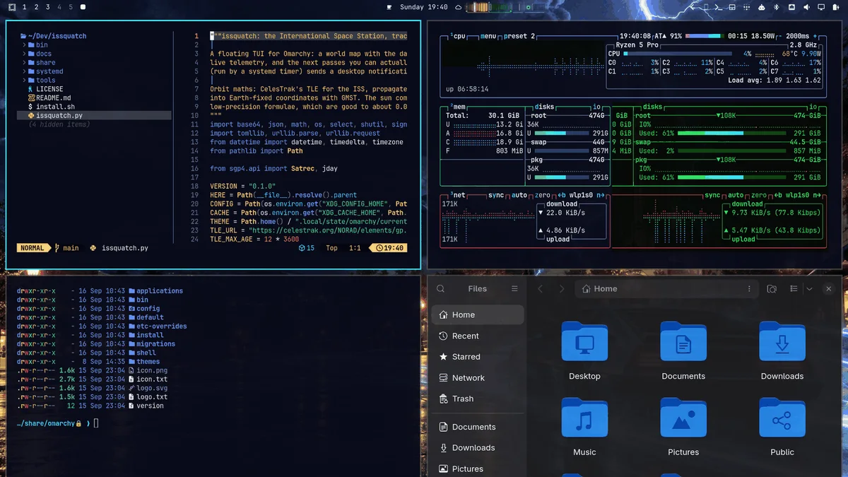 The Clockstrike 88 theme in use: Neovim, a terminal, btop and the Files app in its colours, over its wallpaper.