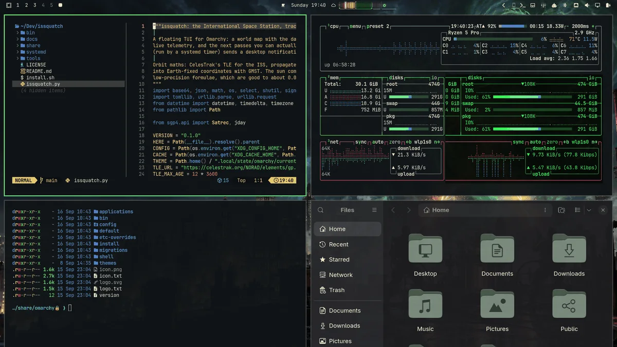 The Crossed Streams theme in use: Neovim, a terminal, btop and the Files app in its colours, over its wallpaper.