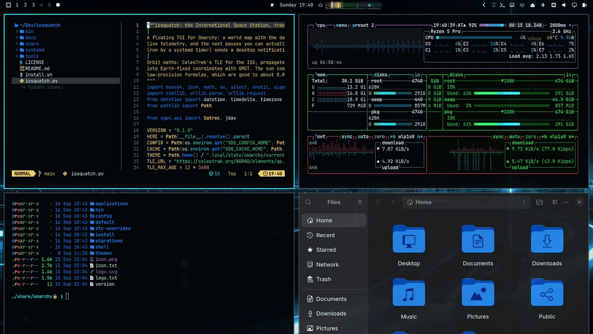 The Digital Frontier theme in use: Neovim, a terminal, btop and the Files app in its colours, over its wallpaper.