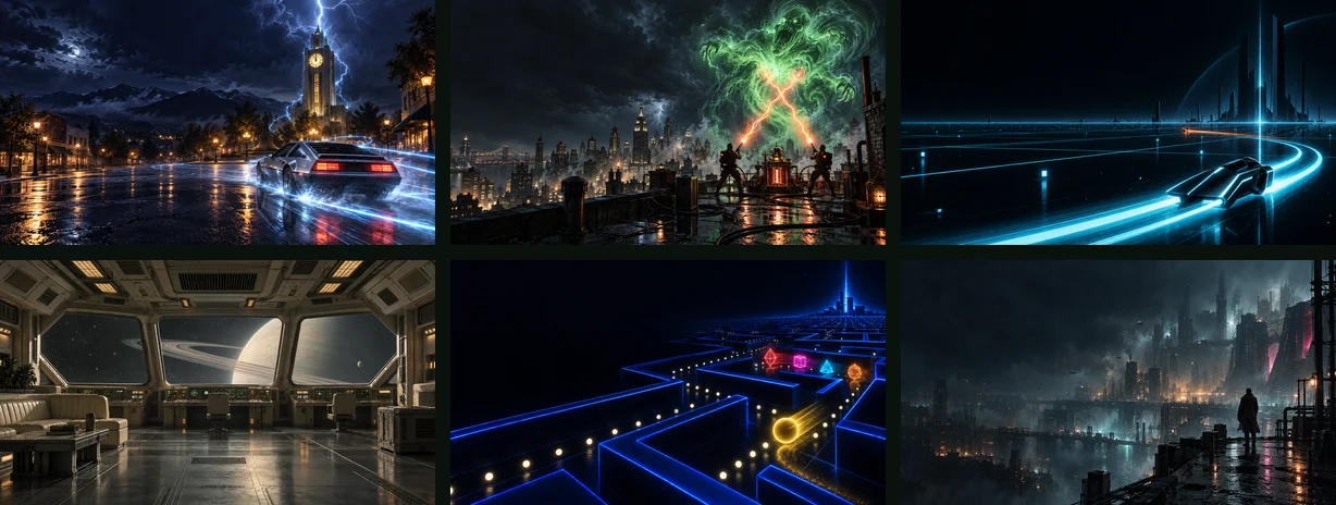 The six Movie Night wallpapers: a neon city street, a green-lit skyline, a cyan grid world, a starship lounge, a blue neon maze and a rainy neon city.