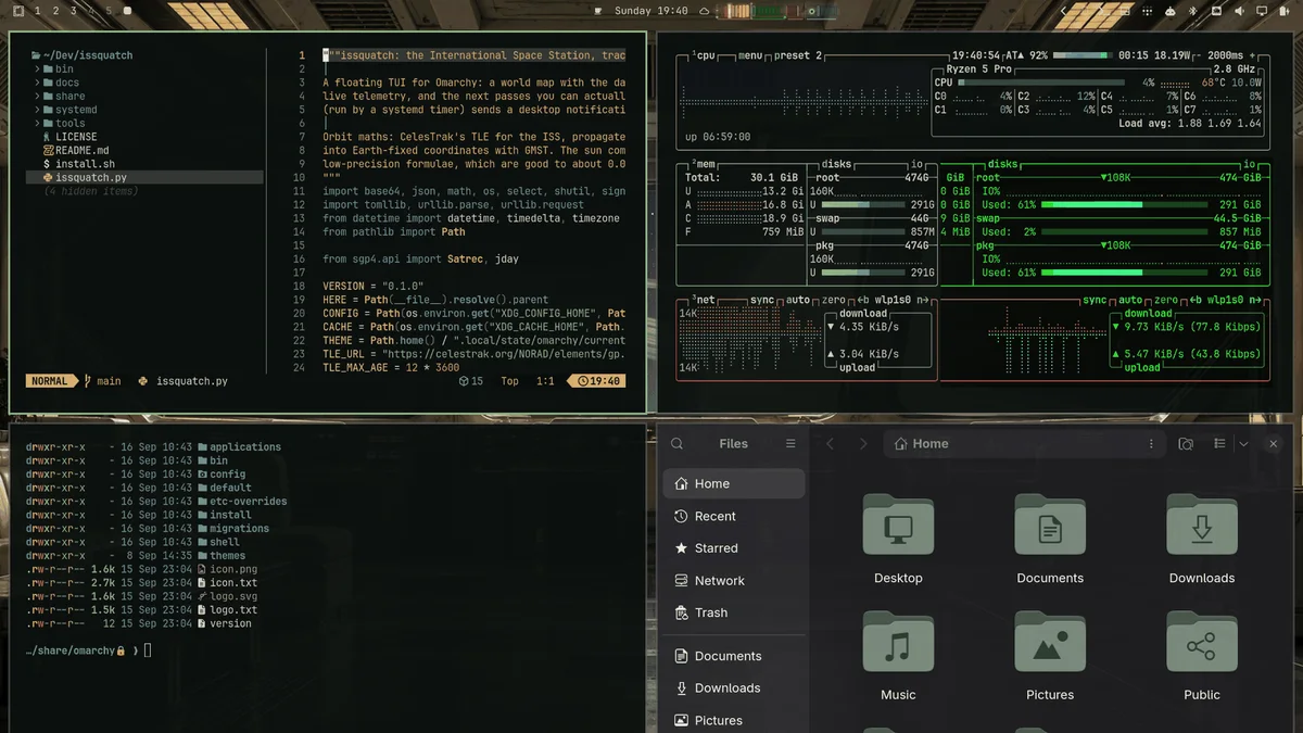 The Nostromo theme in use: Neovim, a terminal, btop and the Files app in its colours, over its wallpaper.