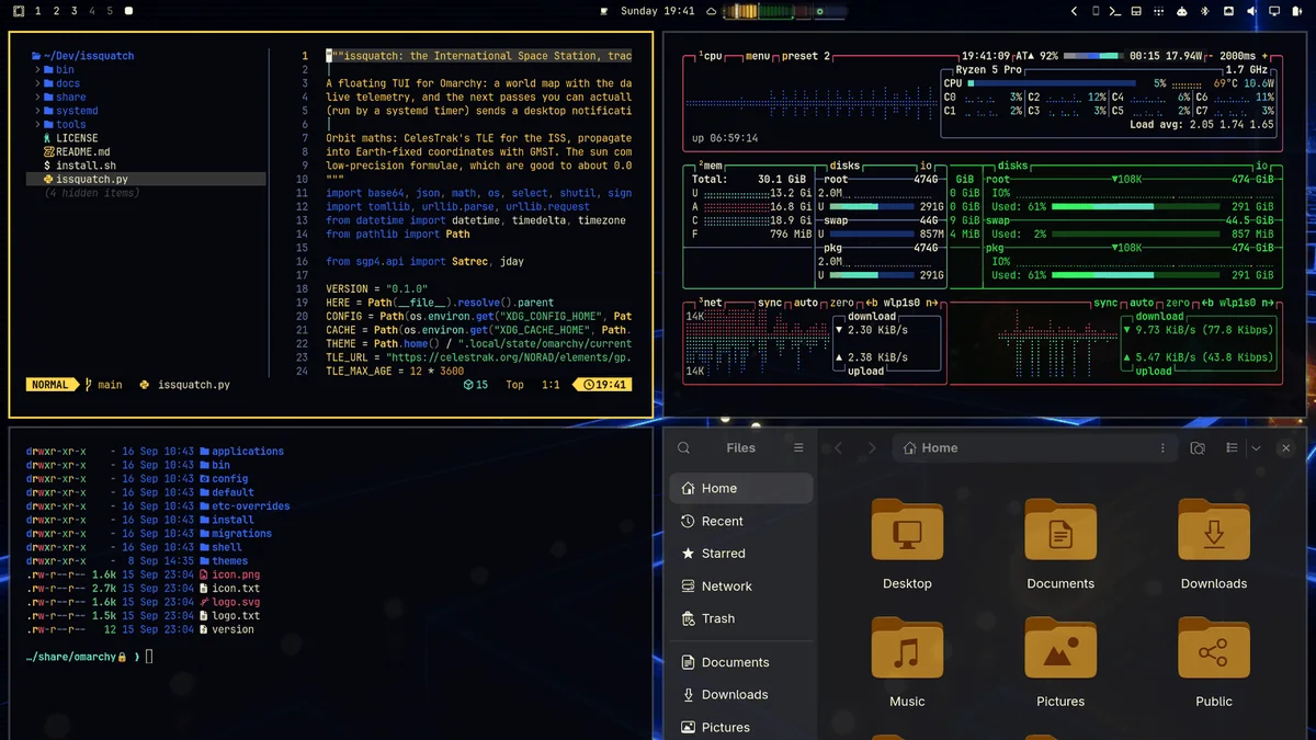 The Power Maze theme in use: Neovim, a terminal, btop and the Files app in its colours, over its wallpaper.