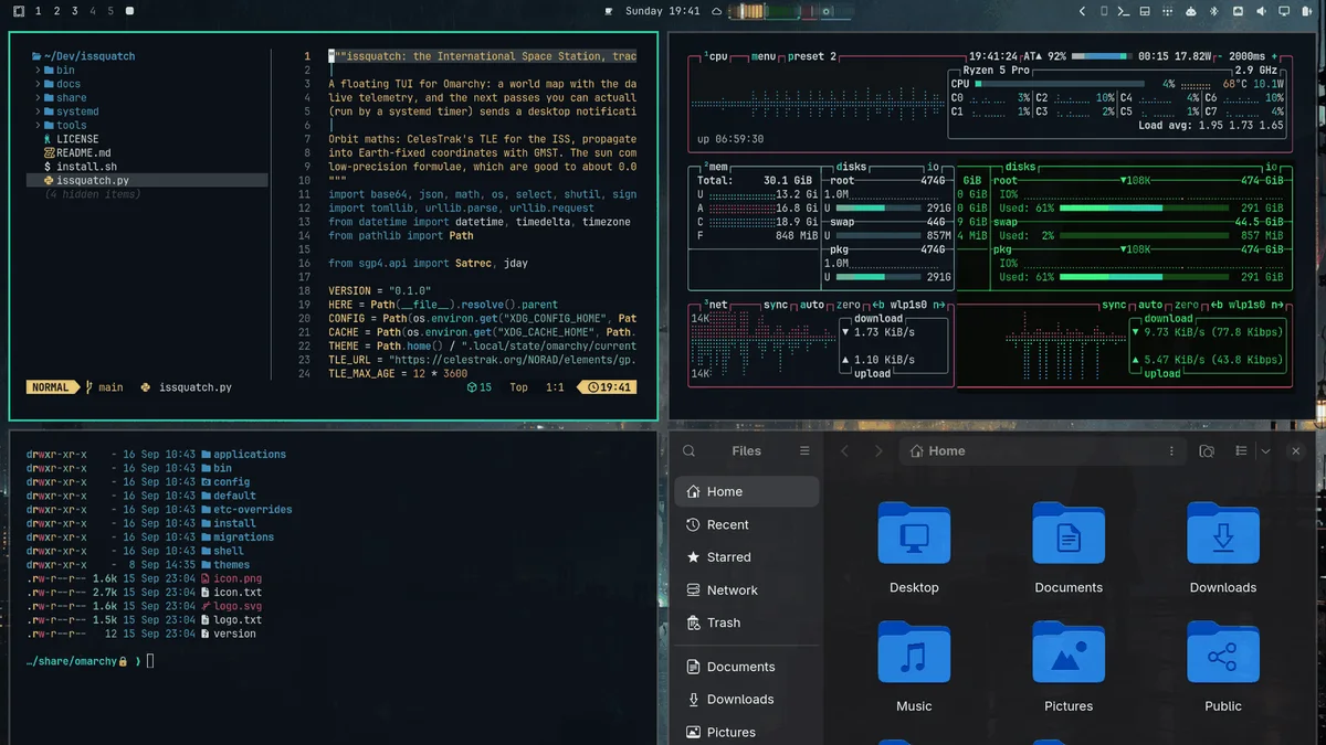 The Tears in Rain theme in use: Neovim, a terminal, btop and the Files app in its colours, over its wallpaper.
