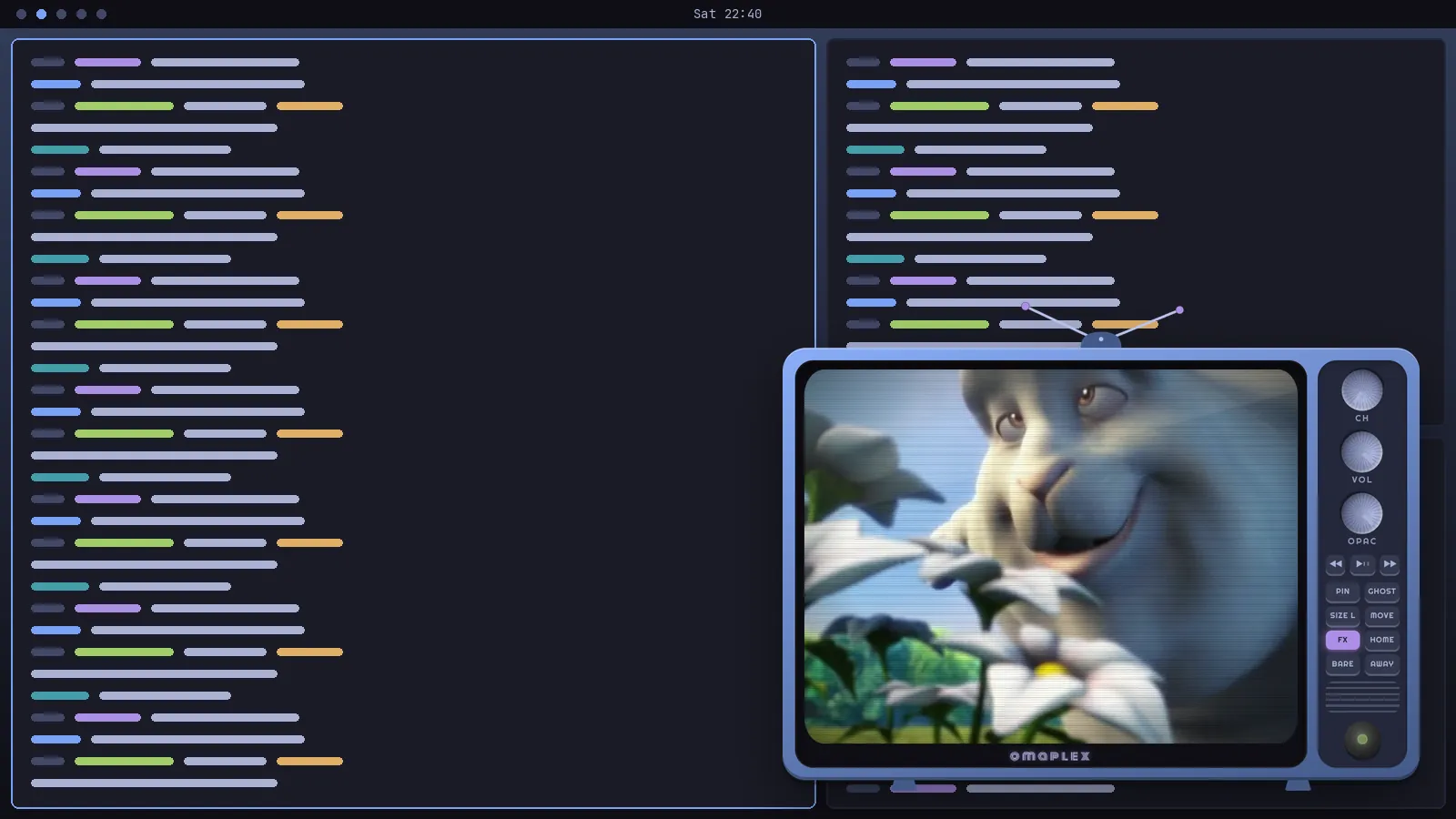 A tiled Omarchy desktop in Tokyo Night colours, with the omaplex TV floating over the bottom-right corner, playing Big Buck Bunny.
