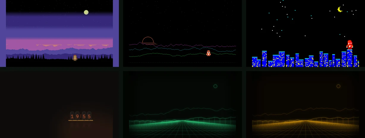 The six Retro Pack wallpapers: a C64 dusk, Apple II line-art mountains, a Teletext mosaic skyline, nixie tubes, and green and amber vector landscapes.