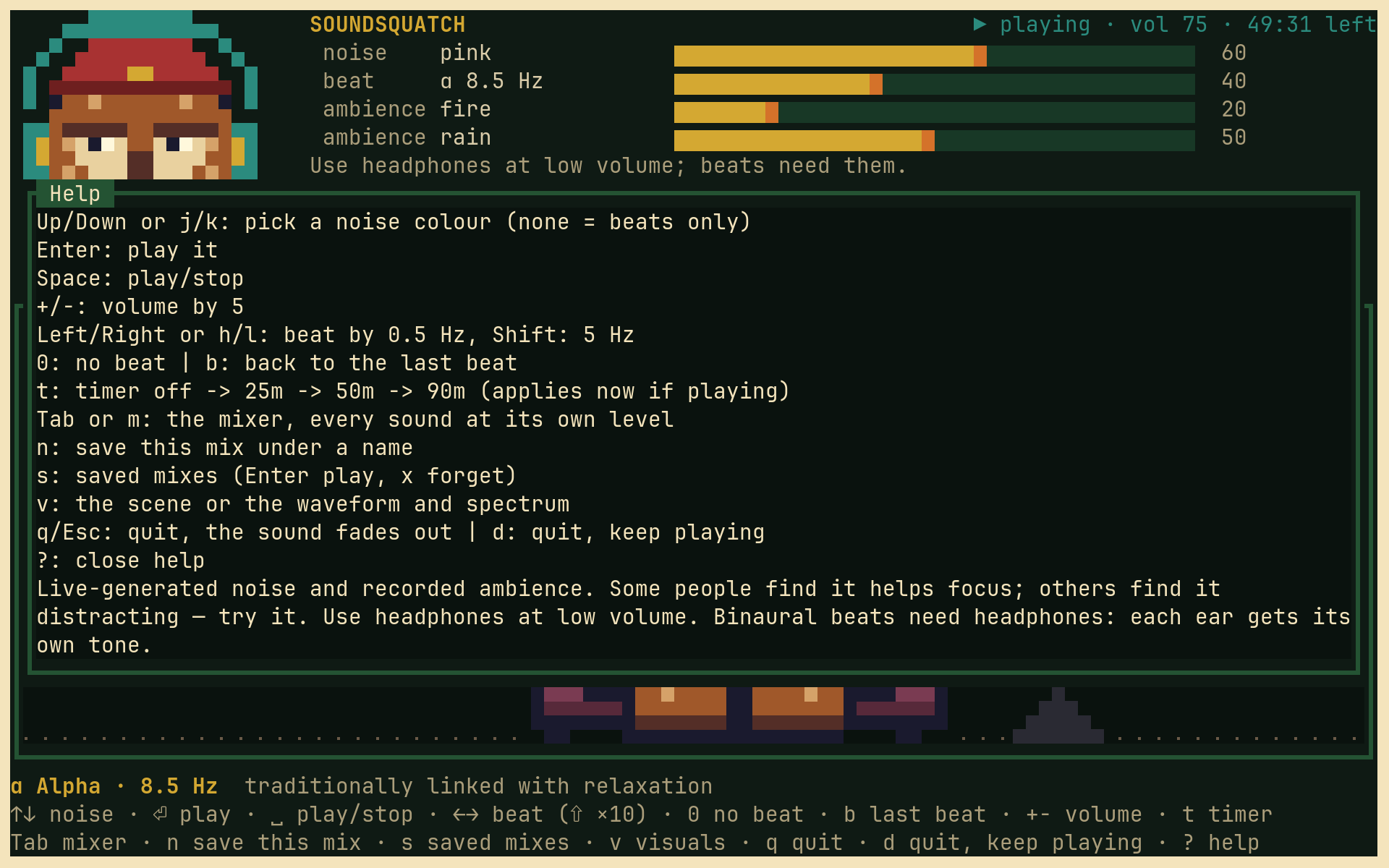 The Soundsquatch help overlay listing every keyboard shortcut in the app.