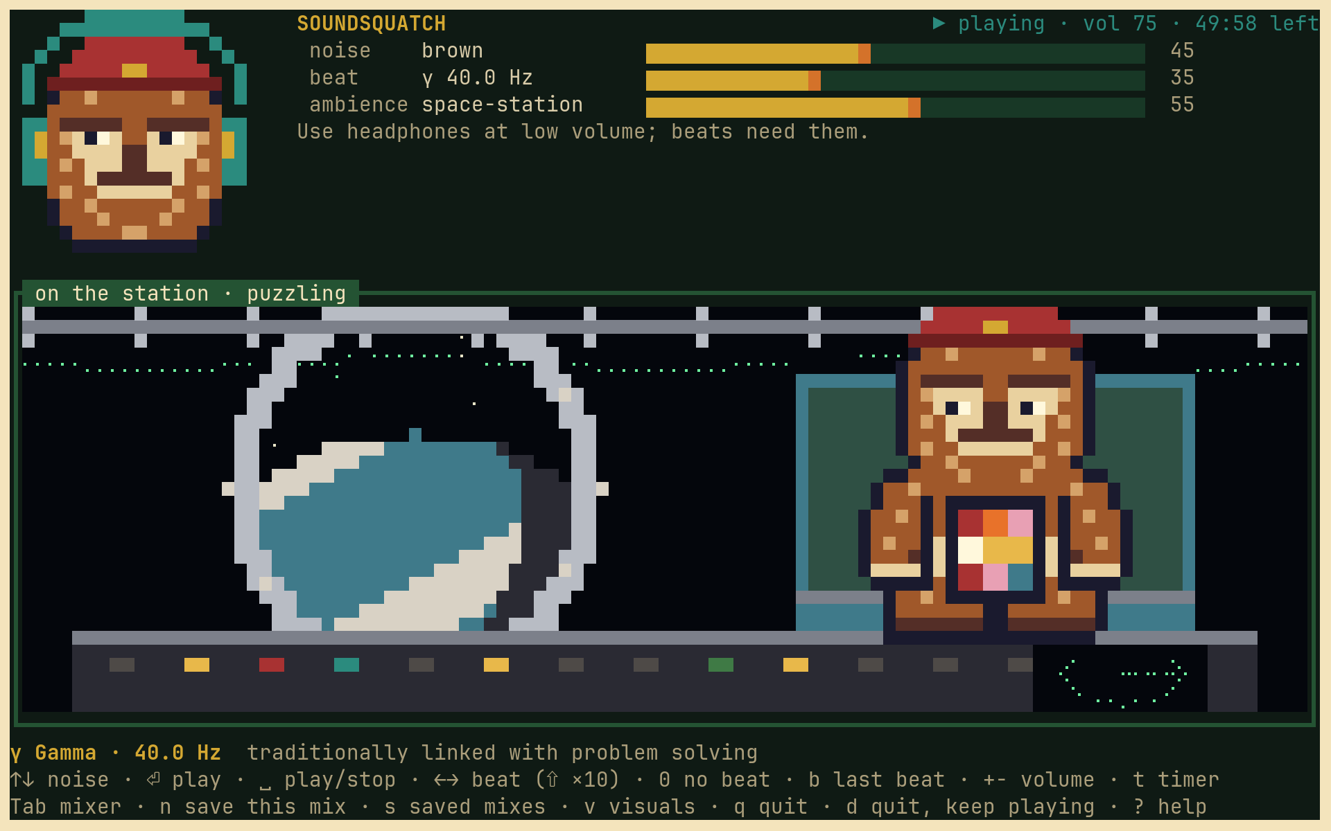 The squatch floating in a padded seat on a space station, working a Rubik's cube, with the planet through a porthole beside him.