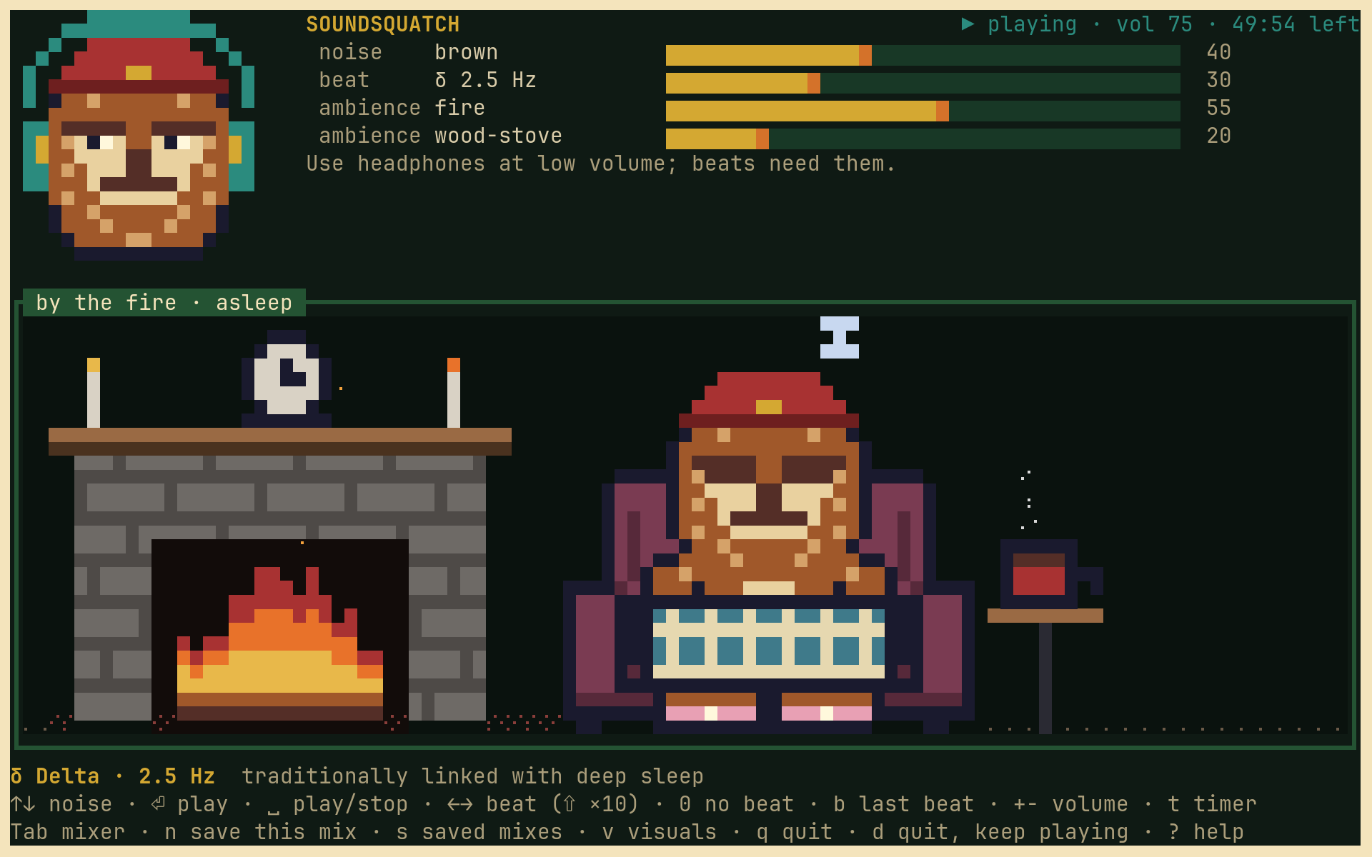 The squatch asleep in an armchair under a blanket beside a stone fireplace, with a mantel clock, candles and a mug of cocoa.